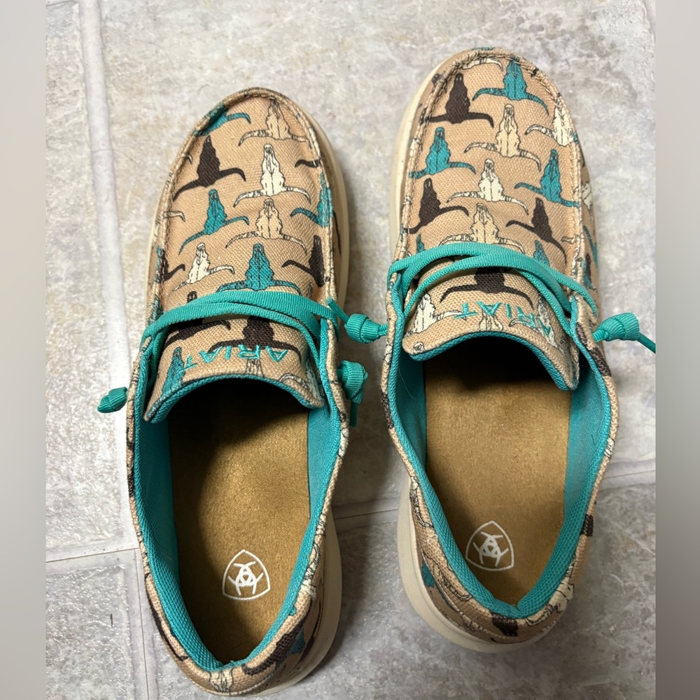 Wore once. Ariat Tan Canvas Sneakers with Teal and Brown. - Picture 3 of 4